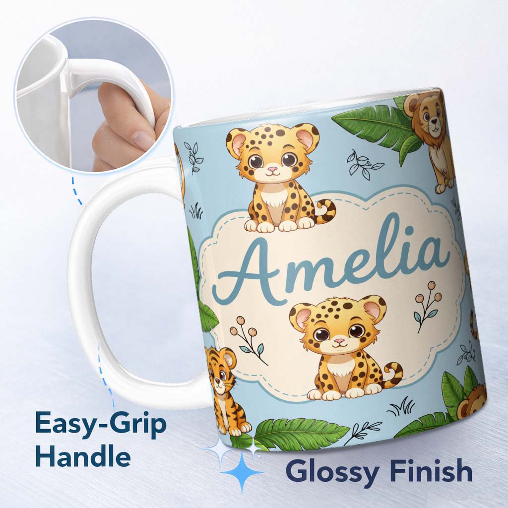 Personalized Custom Name Cute Jungle Animals Lion Tiger Leopard Tropical Leaves Pattern Blue 11oz Ceramic Coffee Tea Mug White Large Handle