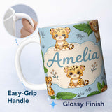 Personalized Custom Name Cute Jungle Animals Lion Tiger Leopard Tropical Leaves Pattern Blue 11oz Ceramic Coffee Tea Mug White Large Handle