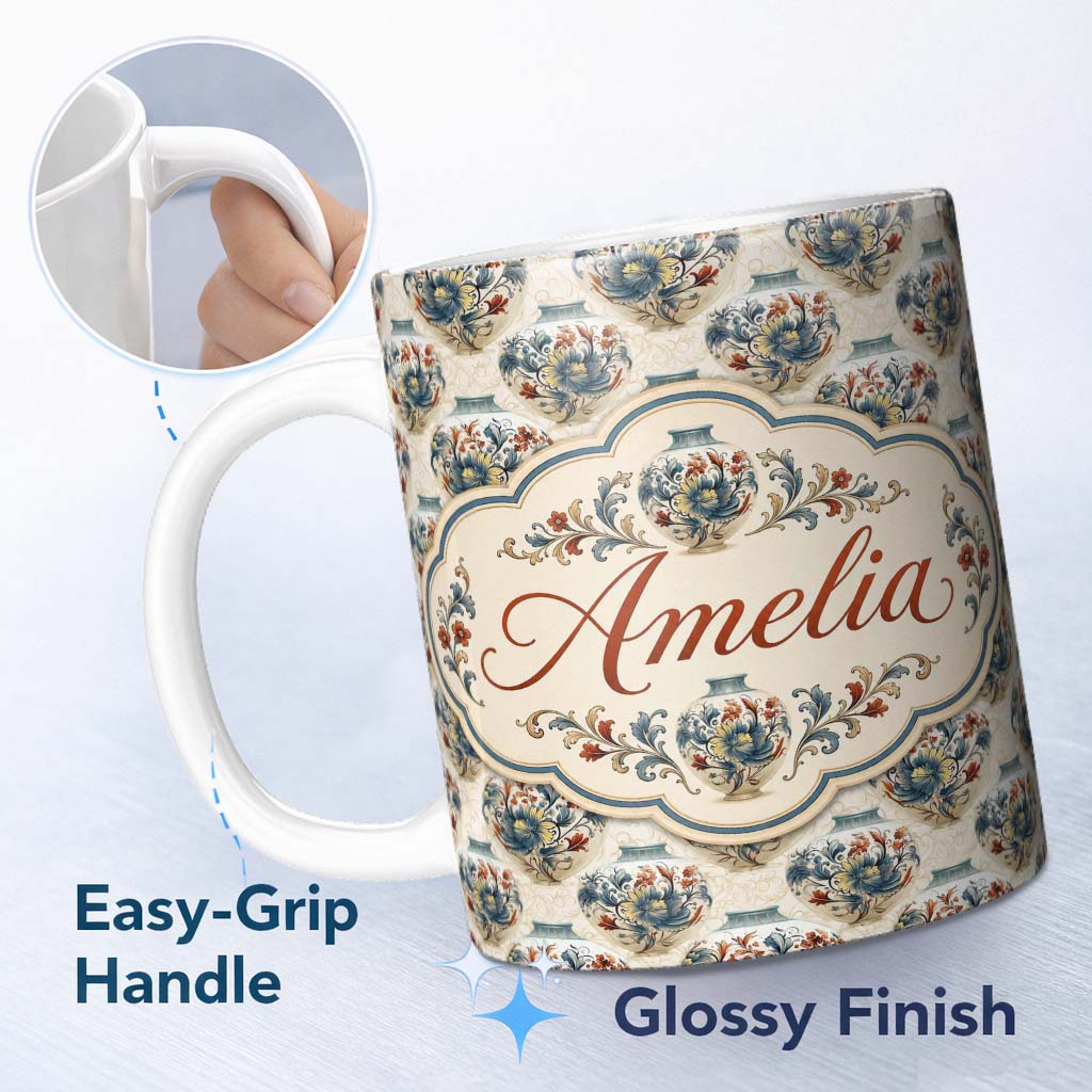 Personalized Custom Name Ornate Blue and Red Decorative Vase Pattern with Classic Floral 11oz Ceramic Coffee Tea Mug White Large Handle