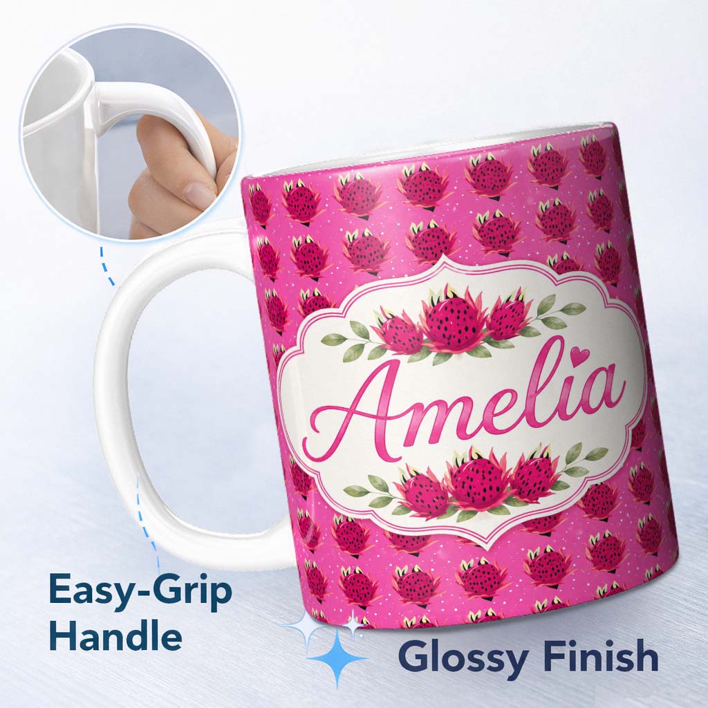 Personalized Custom Name Small Dragon Fruit Repeat Pattern on Pink Background Lovely 11oz Ceramic Coffee Tea Mug White Large Handle