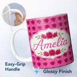 Personalized Custom Name Small Dragon Fruit Repeat Pattern on Pink Background Lovely 11oz Ceramic Coffee Tea Mug White Large Handle