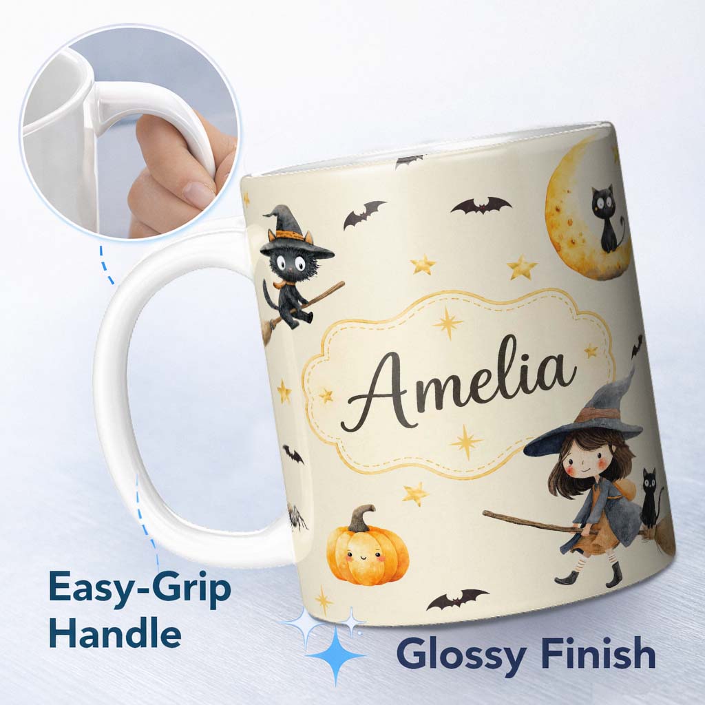 Personalized Custom Name Cute Witch Girl Riding Broom with Black Cat Soft Cream Background 11oz Ceramic Coffee Tea Mug White Large Handle