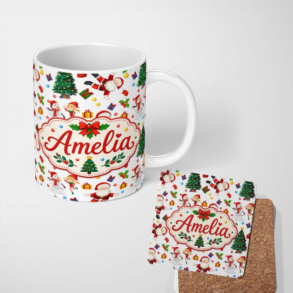 Personalized Custom Name Cute Santa Snowman Elf Christmas Tree Seamless Pattern Lovely 11oz Ceramic Coffee Tea Mug White Large Handle