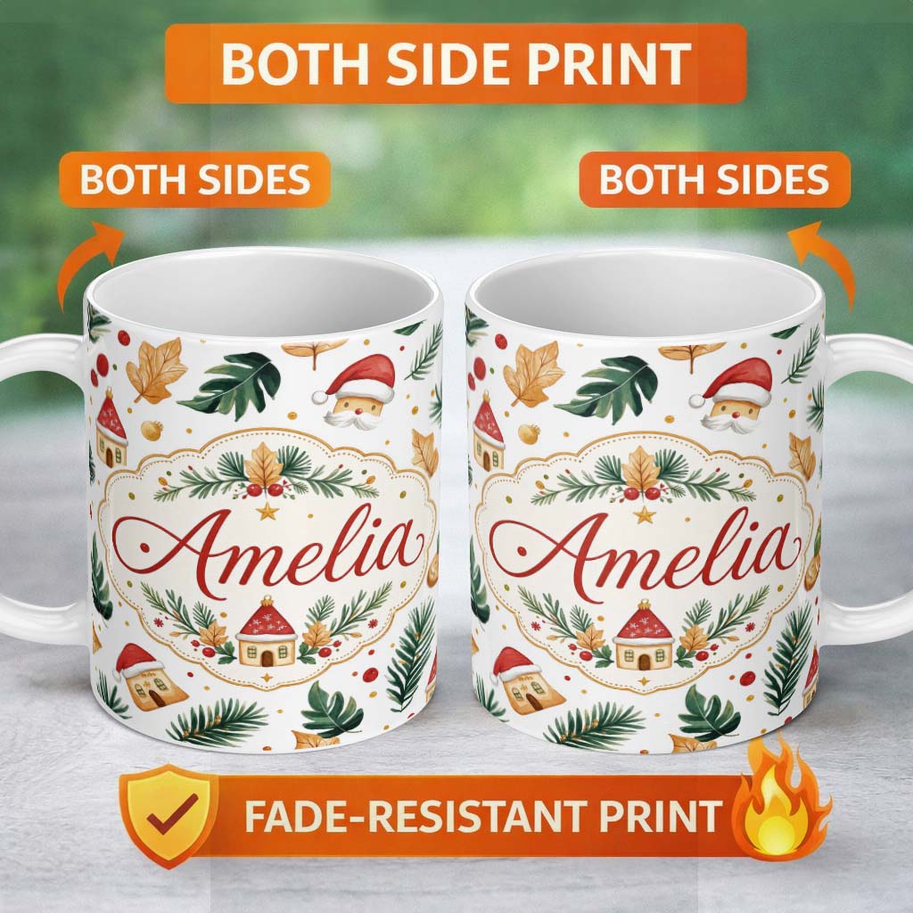 Personalized Custom Name Festive Christmas Leaves Santa Houses Baubles Watercolor Seamless 11oz Ceramic Coffee Tea Mug White Large Handle