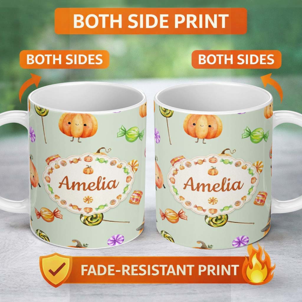 Personalized Custom Name Cute Watercolor Pumpkins and Candy Sweets on Cream Background Lovely 11oz Ceramic Coffee Tea Mug White Large Handle
