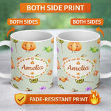 Personalized Custom Name Cute Watercolor Pumpkins and Candy Sweets on Cream Background Lovely 11oz Ceramic Coffee Tea Mug White Large Handle
