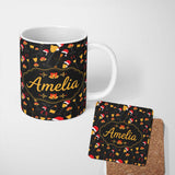 Personalized Custom Name Festive Champagne Glass Santa Hat Christmas Seamless Pattern Lovely 11oz Ceramic Coffee Tea Mug White Large Handle