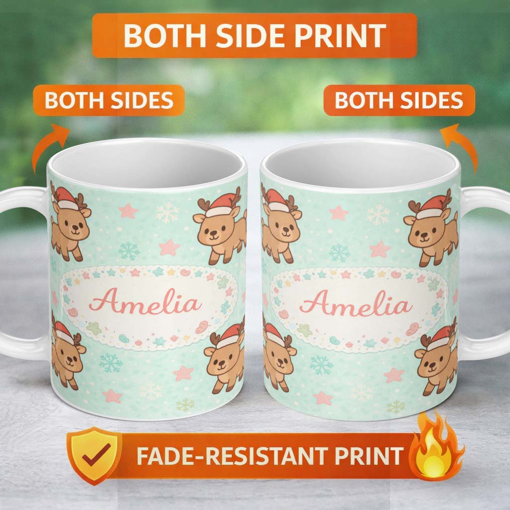 Personalized Custom Name Cute Christmas Reindeer Cartoon Animal Pattern Perfect Gift for Her 11oz Ceramic Coffee Tea Mug White Large Handle
