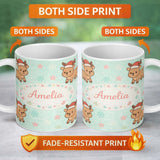 Personalized Custom Name Cute Christmas Reindeer Cartoon Animal Pattern Perfect Gift for Her 11oz Ceramic Coffee Tea Mug White Large Handle