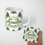 Personalized Custom Name Bright Christmas Trees with Multicolor Ornaments and Stars Seamless 11oz Ceramic Coffee Tea Mug White Large Handle