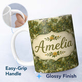 Personalized Custom Name Lush Green Orchard Trees with Golden Fruit Scenic Repeat Pattern 11oz Ceramic Coffee Tea Mug White Large Handle