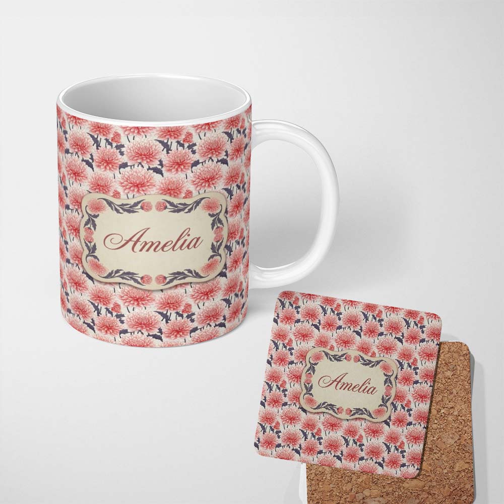 Personalized Custom Name Soft Coral Dahlia Flower Garden Seamless Pattern Cute Unique Gift 11oz Ceramic Coffee Tea Mug White Large Handle