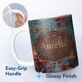 Personalized Custom Name Abstract Rust Patina Texture Teal Blue Oxidised Metal Grunge Lovely 11oz Ceramic Coffee Tea Mug White Large Handle