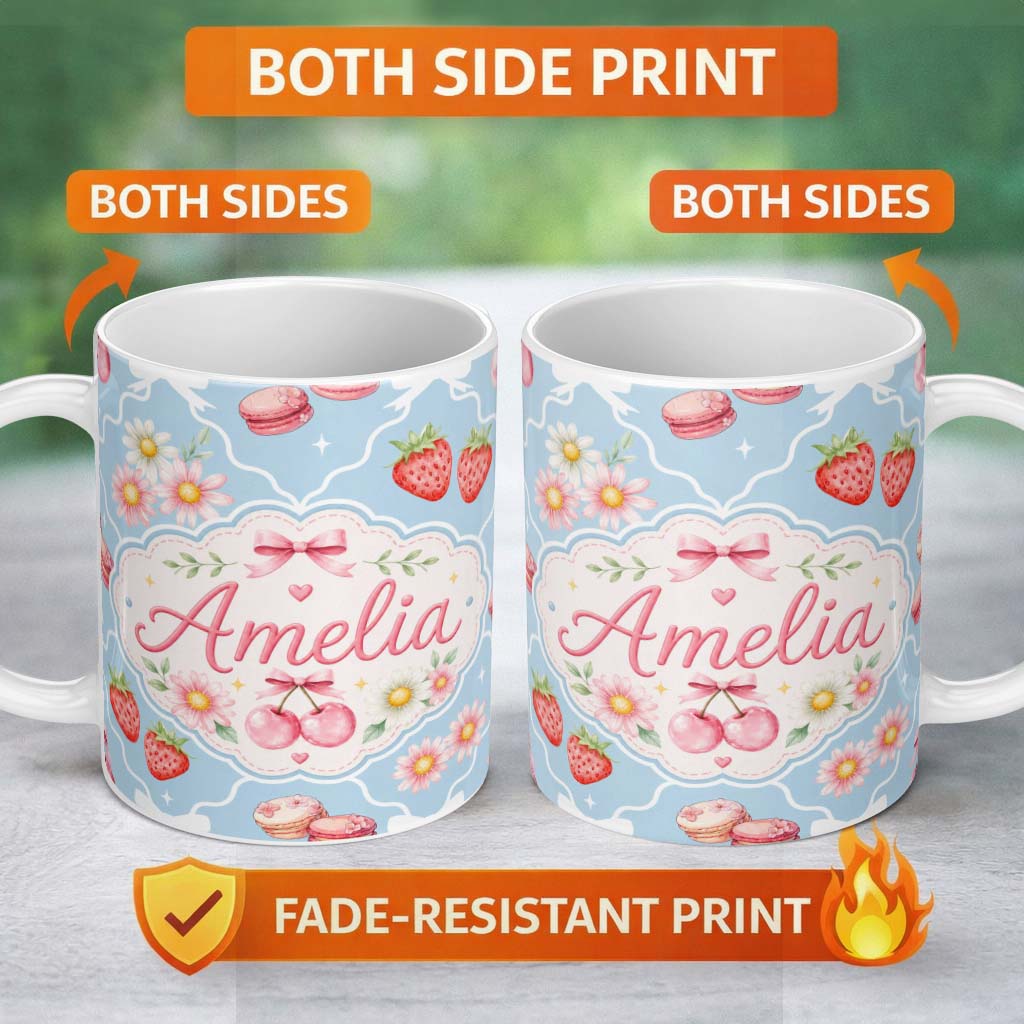 Personalized Custom Name Cute Strawberry Cherry Daisy Floral Bow Sweet Dessert Dusty Blue 11oz Ceramic Coffee Tea Mug White Large Handle