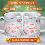 Personalized Custom Name Cute Strawberry Cherry Daisy Floral Bow Sweet Dessert Dusty Blue 11oz Ceramic Coffee Tea Mug White Large Handle