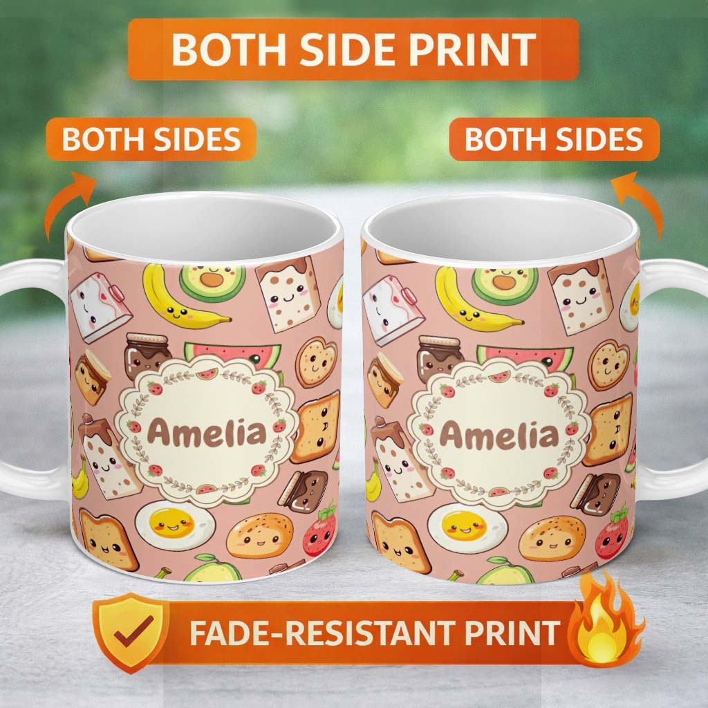 Personalized Custom Name Cute Kawaii Breakfast Food Seamless Pattern Beige Background Fun 11oz Ceramic Coffee Tea Mug White Large Handle
