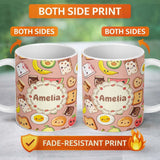 Personalized Custom Name Cute Kawaii Breakfast Food Seamless Pattern Beige Background Fun 11oz Ceramic Coffee Tea Mug White Large Handle