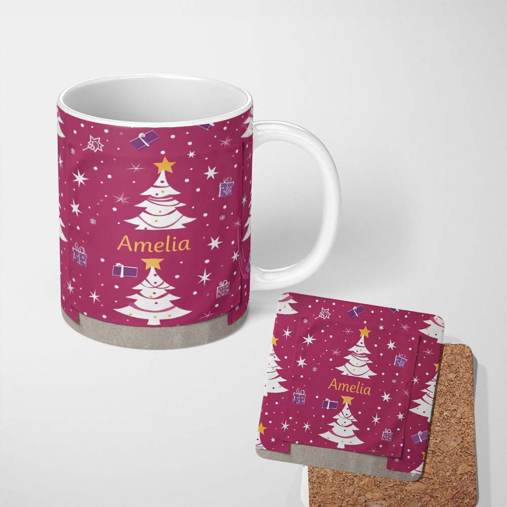 Personalized Custom Name White Christmas Tree Star Gift Festive Seamless Pattern Lovely 11oz Ceramic Coffee Tea Mug White Large Handle