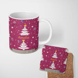Personalized Custom Name White Christmas Tree Star Gift Festive Seamless Pattern Lovely 11oz Ceramic Coffee Tea Mug White Large Handle