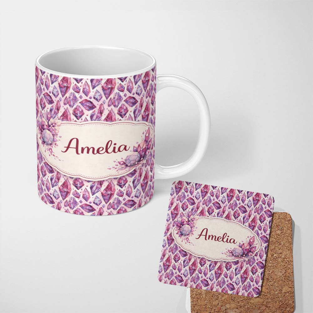 Personalized Custom Name Purple Pink Watercolor Crystal Gem Seamless Pattern Cute Unique Gift 11oz Ceramic Coffee Tea Mug White Large Handle