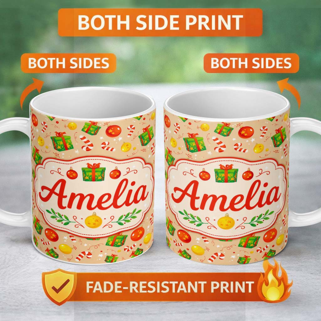 Personalized Custom Name Christmas Gifts Candy Cane Baubles Festive Seamless Pattern Lovely 11oz Ceramic Coffee Tea Mug White Large Handle