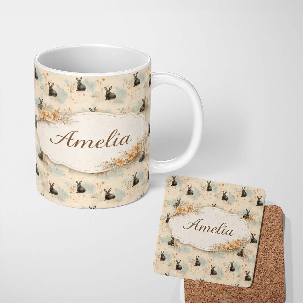 Personalized Custom Name Minimal Rustic Black Rabbit Beige Background Seamless Pattern Lovely 11oz Ceramic Coffee Tea Mug White Large Handle