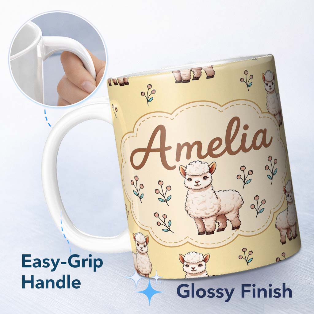 Personalized Custom Name Cute Alpaca Llama Farm Animals Floral Seamless Pattern Warm Beige 11oz Ceramic Coffee Tea Mug White Large Handle
