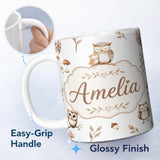 Personalized Custom Name Cute Woodland Owls Mushrooms and Leaves Light Grey Background Lovely 11oz Ceramic Coffee Tea Mug White Large Handle