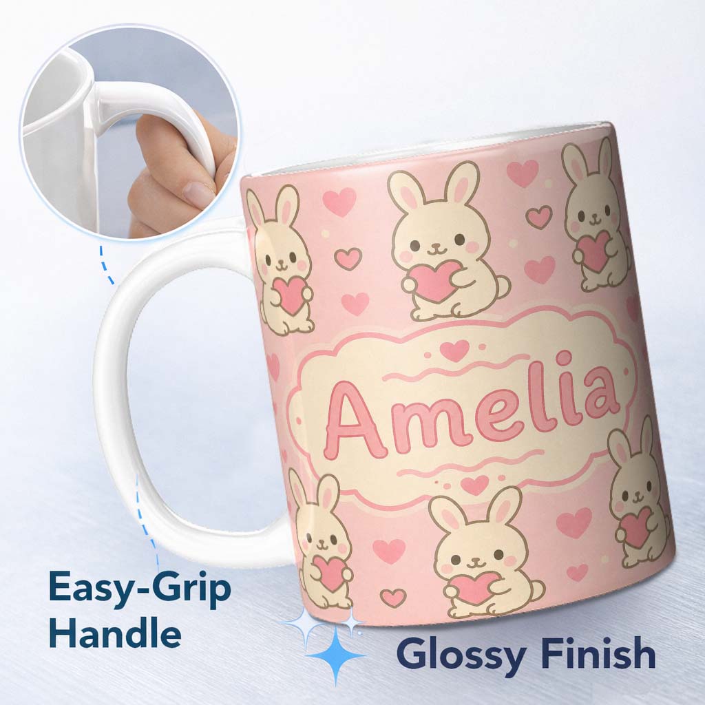 Personalized Custom Name Cute Bunny Heart Cartoon Animal Love Pattern Perfect Gift for Her 11oz Ceramic Coffee Tea Mug White Large Handle