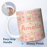 Personalized Custom Name Cute Bunny Heart Cartoon Animal Love Pattern Perfect Gift for Her 11oz Ceramic Coffee Tea Mug White Large Handle