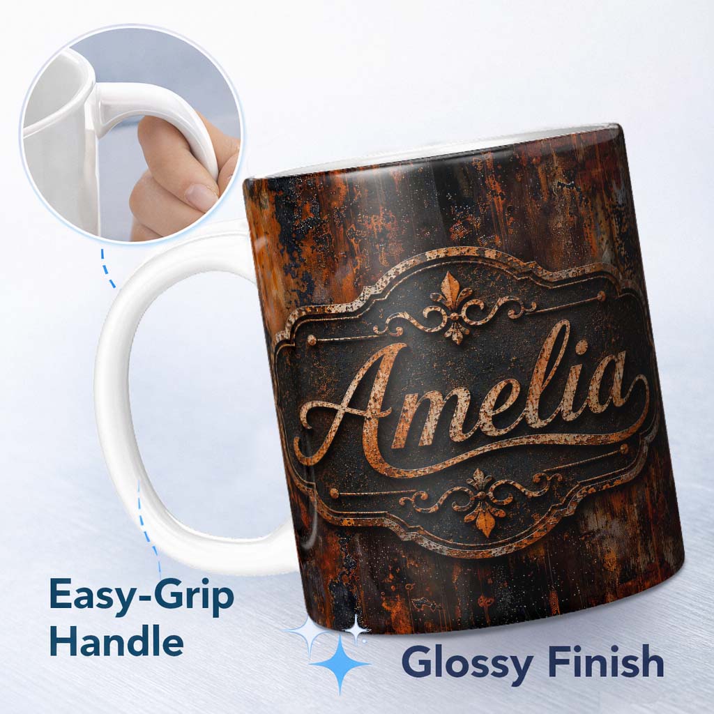Personalized Custom Name Layered Rust Patina Texture Mixed Media Grunge Seamless Pattern 11oz Ceramic Coffee Tea Mug White Large Handle