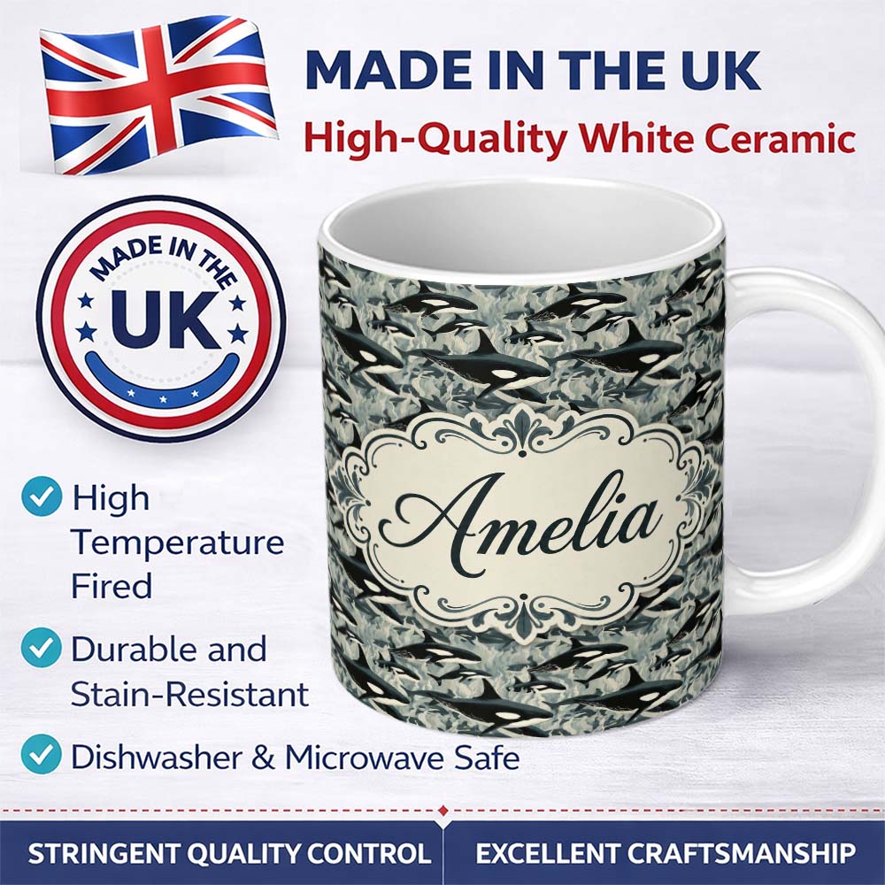 Personalized Custom Name Detailed Orca Whale Water Texture Seamless Pattern Marine Life 11oz Ceramic Coffee Tea Mug White Large Handle