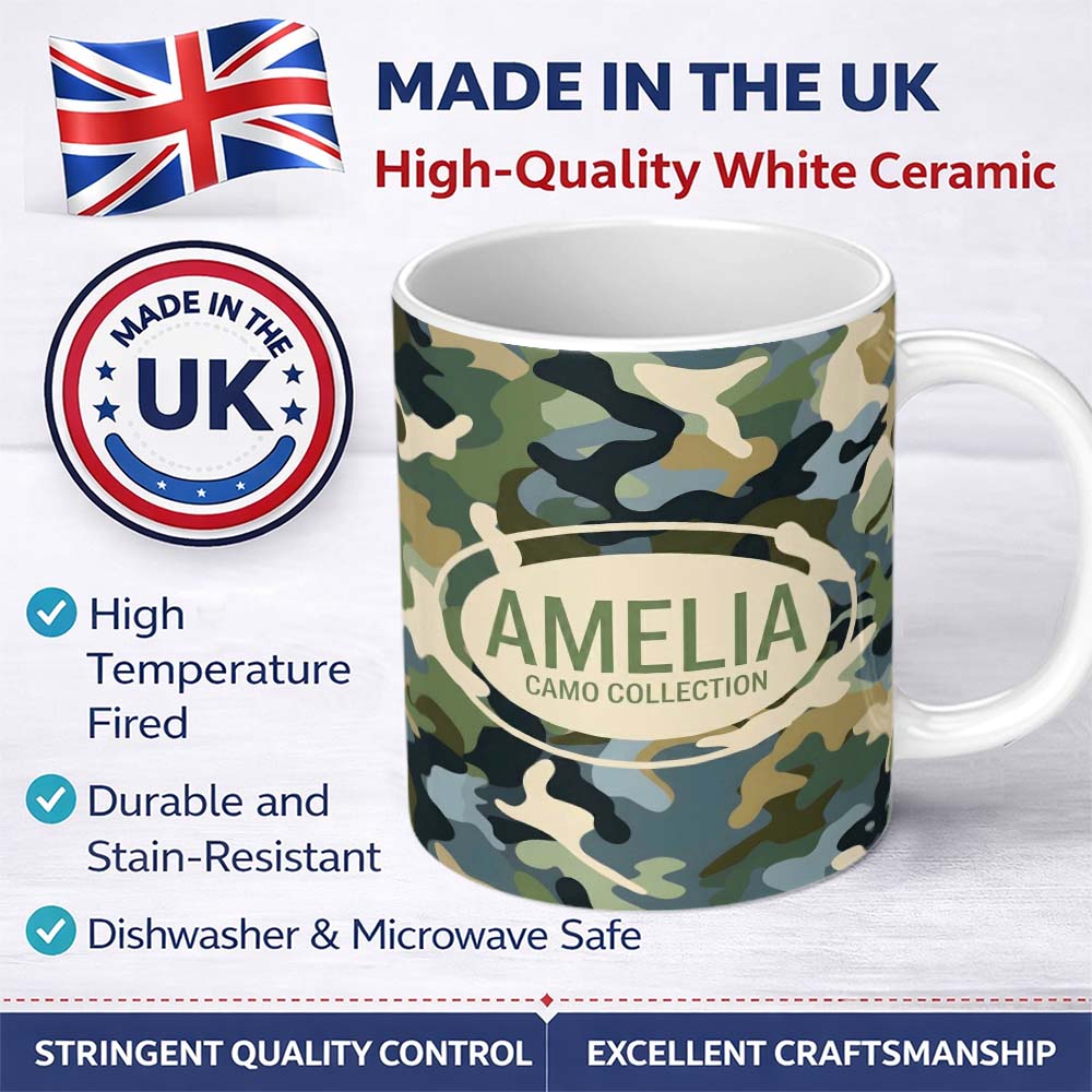 Personalized Custom Name Multi Tone Woodland Camouflage Seamless Pattern Perfect Gift for Her 11oz Ceramic Coffee Tea Mug White Large Handle