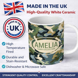 Personalized Custom Name Multi Tone Woodland Camouflage Seamless Pattern Perfect Gift for Her 11oz Ceramic Coffee Tea Mug White Large Handle
