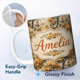 Personalized Custom Name Detailed Botanical Branches with Orange Flowers and Birds Vintage 11oz Ceramic Coffee Tea Mug White Large Handle