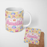 Personalized Custom Name Jellyfish Starfish and Cute Sea Creatures Warm Mustard Yellow Lovely 11oz Ceramic Coffee Tea Mug White Large Handle