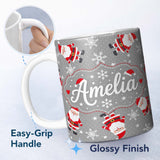 Personalized Custom Name Cute Santa Claus Snowflake Winter Seamless Pattern Cute Unique Gift 11oz Ceramic Coffee Tea Mug White Large Handle