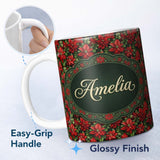 Personalized Custom Name Bold Festive Poinsettia with Deep Green Leaves Seamless Pattern 11oz Ceramic Coffee Tea Mug White Large Handle