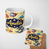 Personalized Custom Name Underwater with Scuba Divers Starfish and Whale on Warm Yellow 11oz Ceramic Coffee Tea Mug White Large Handle