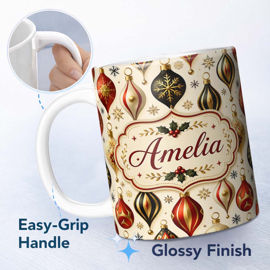 Personalized Custom Name Luxury Red Gold Black Christmas Baubles Elegant Seamless Pattern 11oz Ceramic Coffee Tea Mug White Large Handle