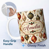 Personalized Custom Name Luxury Red Gold Black Christmas Baubles Elegant Seamless Pattern 11oz Ceramic Coffee Tea Mug White Large Handle