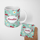 Personalized Custom Name Cute Cherry and Daisy Flowers with Pink Ribbon Bows Pattern Teal 11oz Ceramic Coffee Tea Mug White Large Handle