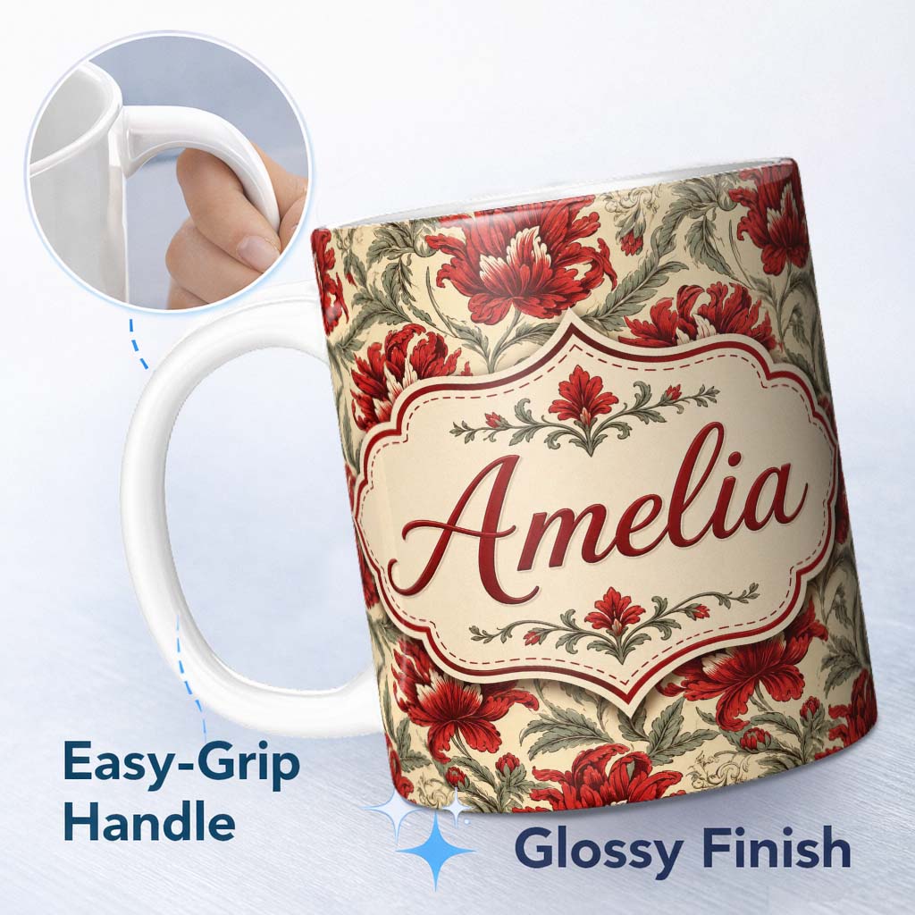 Personalized Custom Name Watercolor Red Botanical Leaves Seamless Pattern Cute Unique Gift 11oz Ceramic Coffee Tea Mug White Large Handle