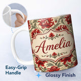 Personalized Custom Name Watercolor Red Botanical Leaves Seamless Pattern Cute Unique Gift 11oz Ceramic Coffee Tea Mug White Large Handle