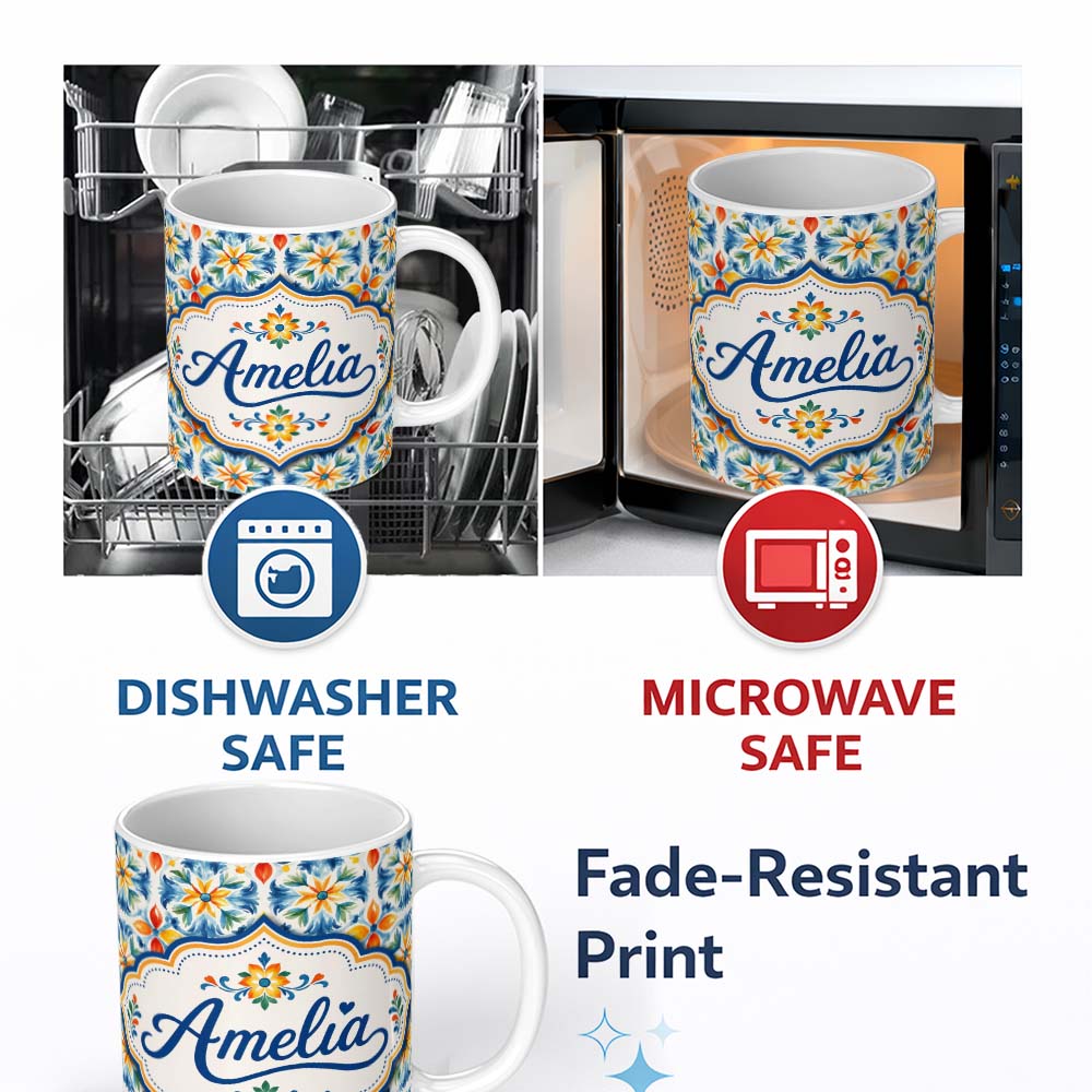 Personalized Custom Name Vibrant Watercolour Floral Tile Pattern in Blue Orange and Yellow 11oz Ceramic Coffee Tea Mug White Large Handle