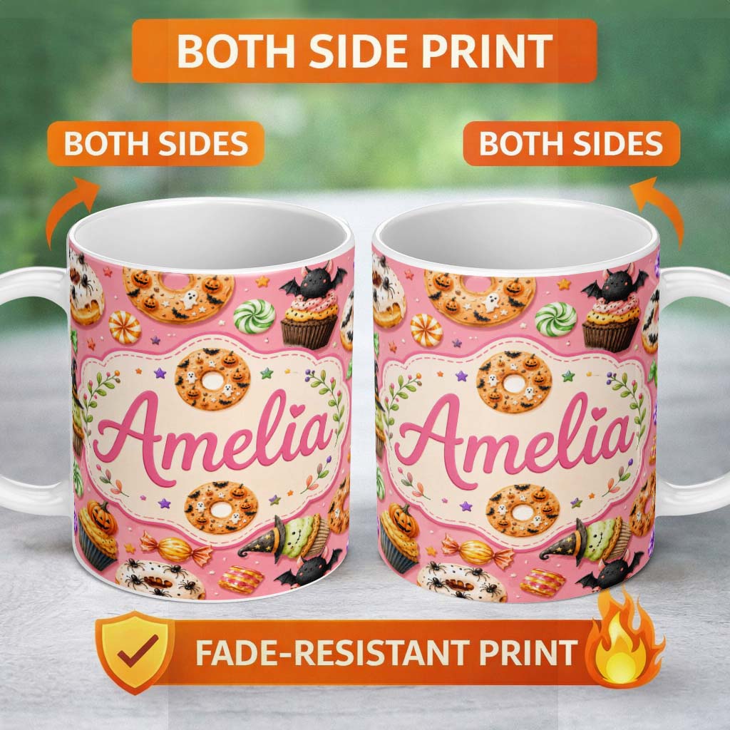 Personalized Custom Name Cute Halloween Donuts Sweet Spooky Treats Pink Background Seamless 11oz Ceramic Coffee Tea Mug White Large Handle