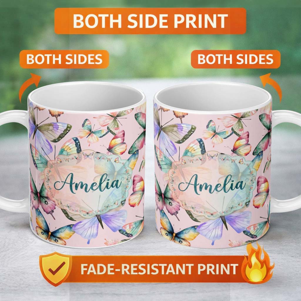 Personalized Custom Name Pastel Watercolor Butterflies Soft Pink Background Seamless Pattern 11oz Ceramic Coffee Tea Mug White Large Handle
