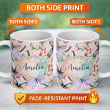 Personalized Custom Name Pastel Watercolor Butterflies Soft Pink Background Seamless Pattern 11oz Ceramic Coffee Tea Mug White Large Handle
