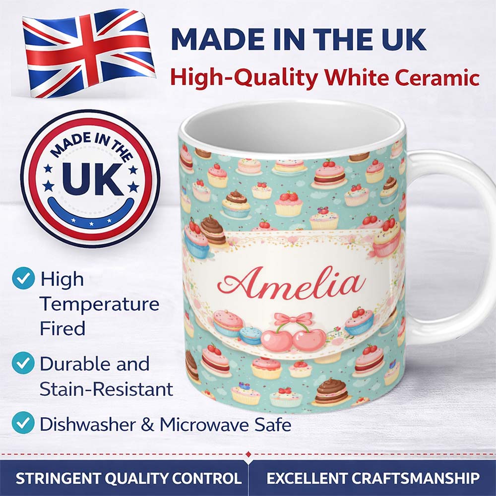 Personalized Custom Name Cute Cake Tile Seamless Pattern Pastel Dessert Sweet Food Design 11oz Ceramic Coffee Tea Mug White Large Handle