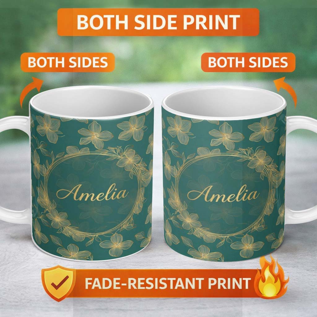 Personalized Custom Name Luxury Teal Background Gold Line Art Floral Blossoms Seamless Lovely 11oz Ceramic Coffee Tea Mug White Large Handle